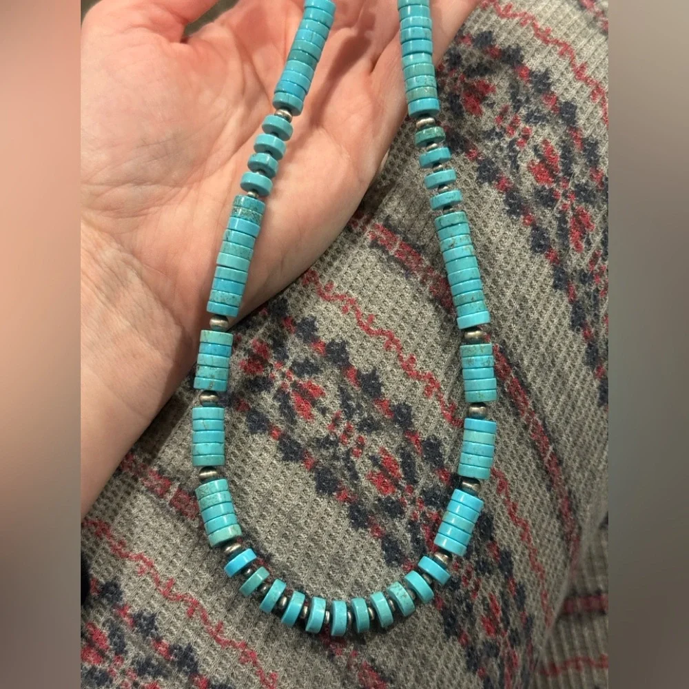 Native American Sterling Silver Navajo Pearl 8mm Turquoise HEISHI Necklace 19” - Picture 2 of 9
